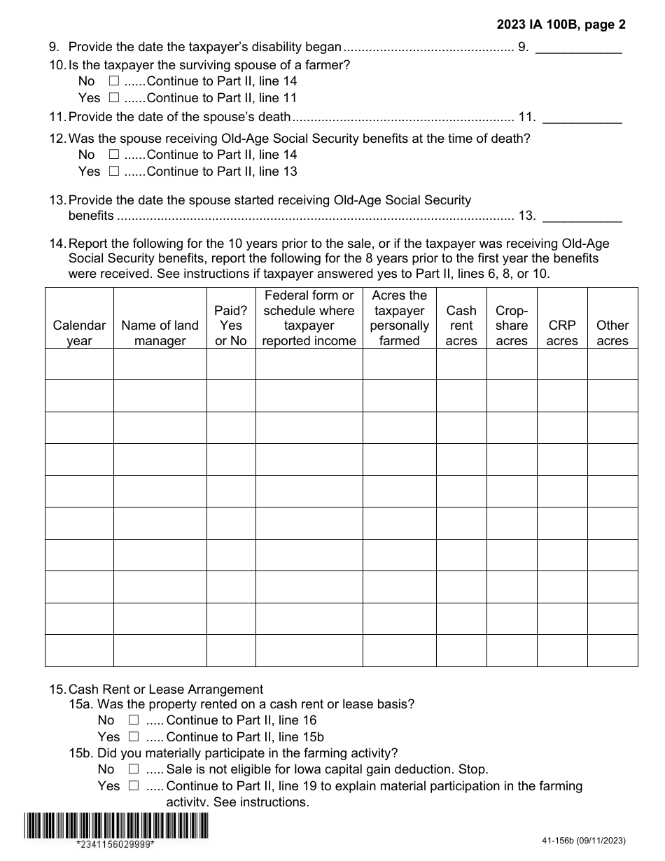 Form IA100B (41-156) Iowa Capital Gain Deduction - Real Property Used in a Farm Business - Iowa, Page 2