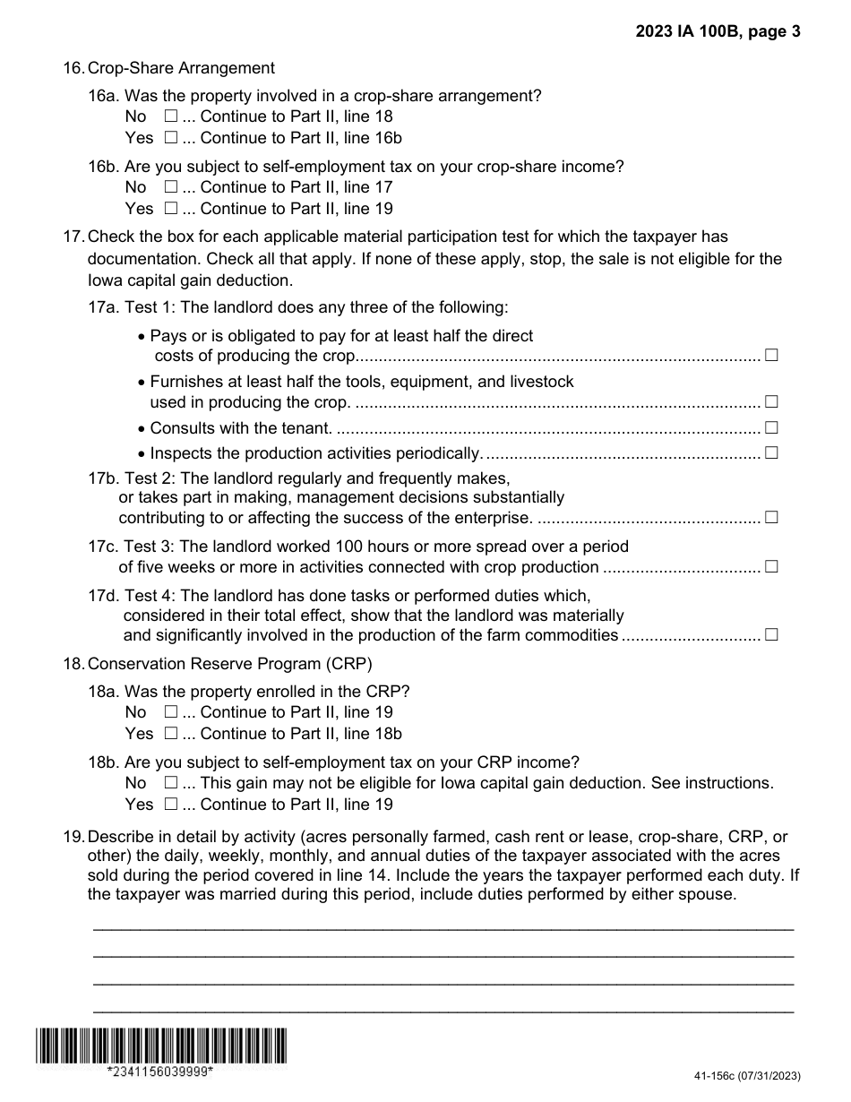 Form IA100B (41-156) Iowa Capital Gain Deduction - Real Property Used in a Farm Business - Iowa, Page 3