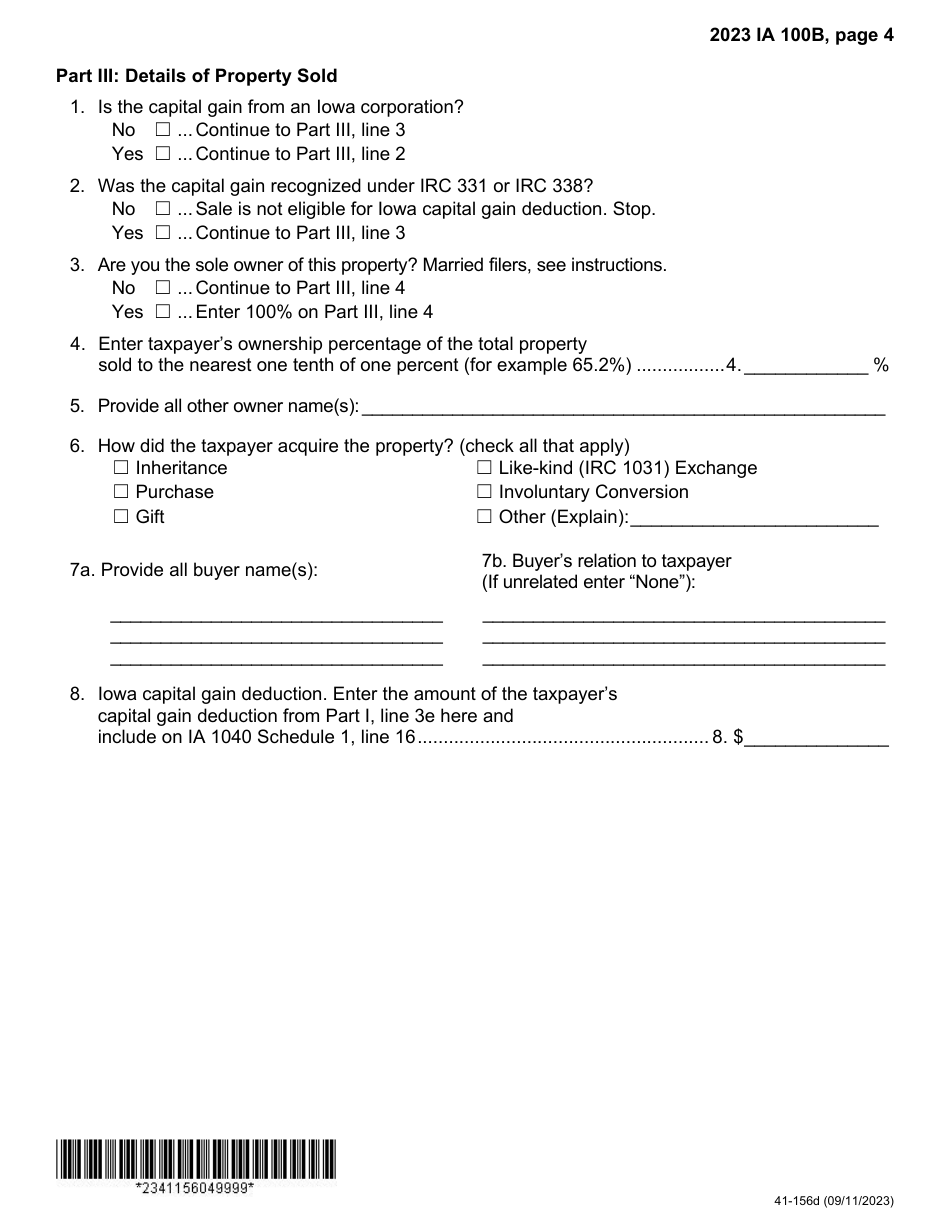 Form IA100B (41-156) Iowa Capital Gain Deduction - Real Property Used in a Farm Business - Iowa, Page 4