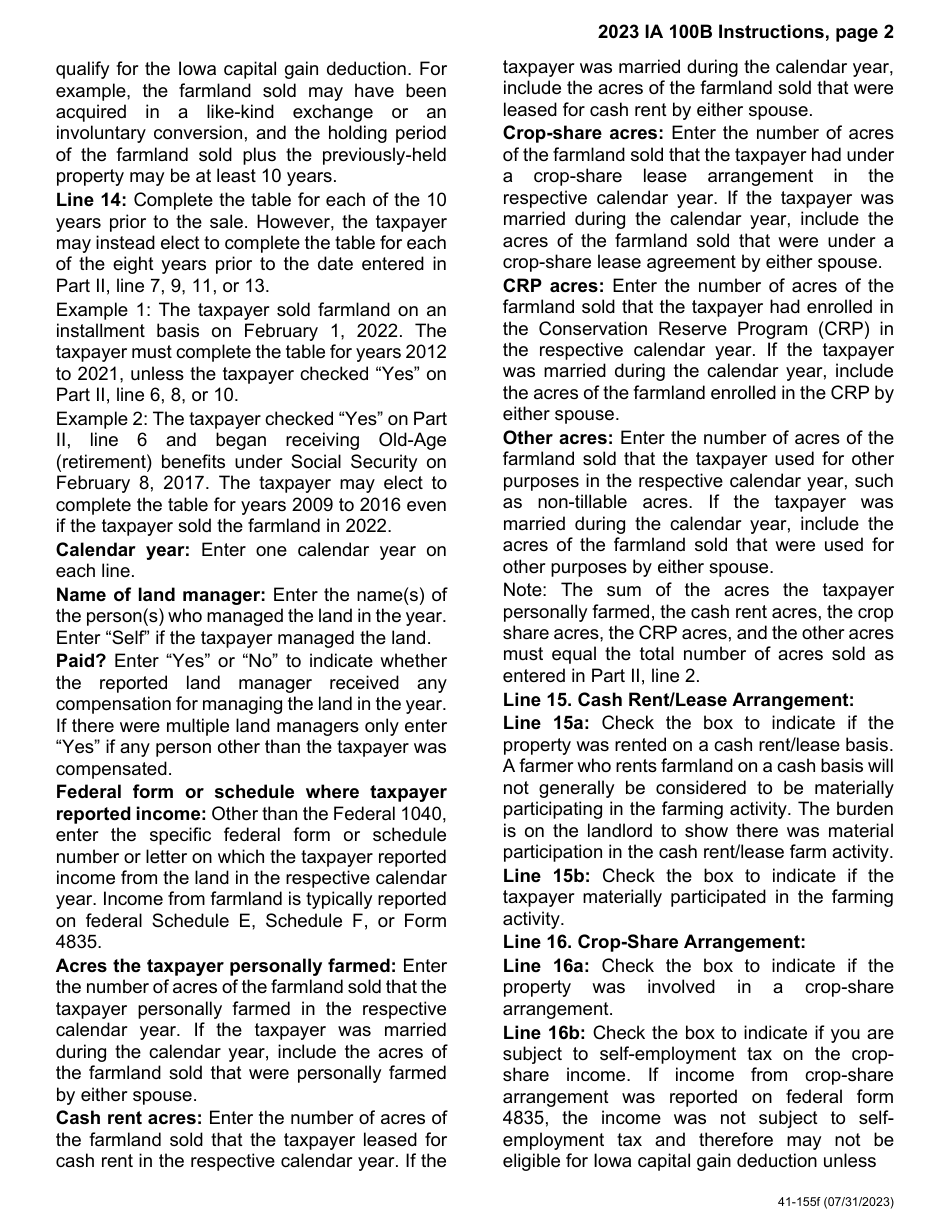 Form IA100B (41-156) Iowa Capital Gain Deduction - Real Property Used in a Farm Business - Iowa, Page 6