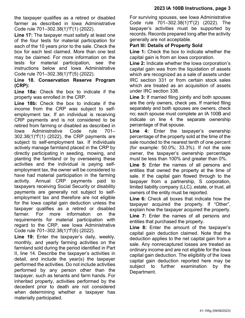 Form IA100B (41-156) Iowa Capital Gain Deduction - Real Property Used in a Farm Business - Iowa, Page 7
