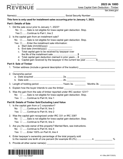 Form IA100D (41-158) Iowa Capital Gain Deduction - Timber - Iowa, 2023