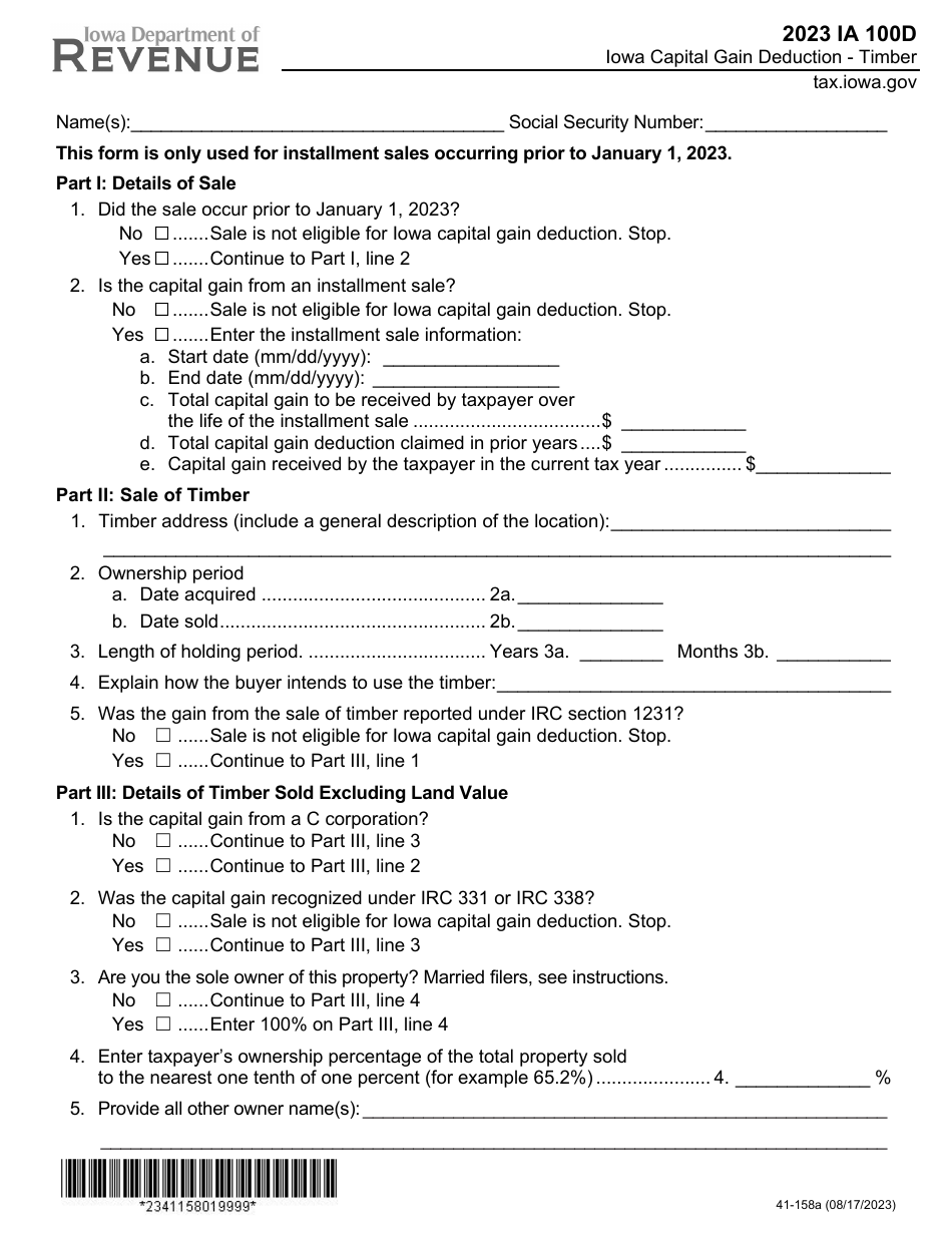 Form IA100D (41-158) Iowa Capital Gain Deduction - Timber - Iowa, Page 1