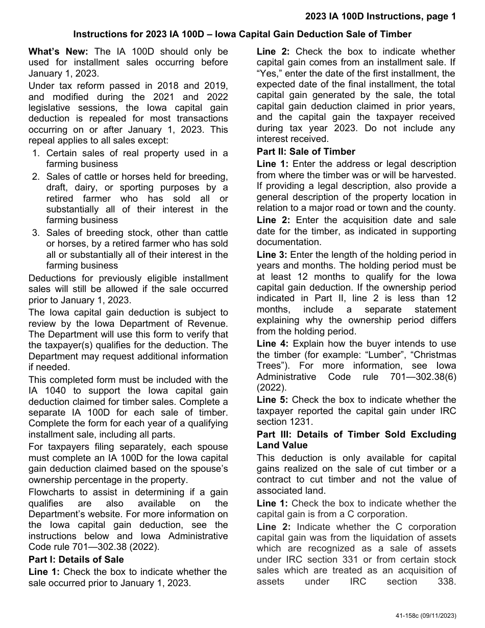 Form IA100D (41-158) Iowa Capital Gain Deduction - Timber - Iowa, Page 3