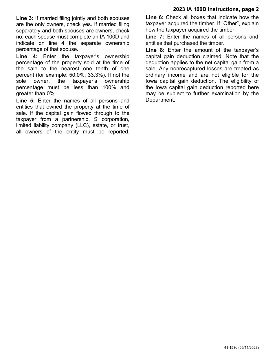 Form IA100D (41-158) Iowa Capital Gain Deduction - Timber - Iowa, Page 4