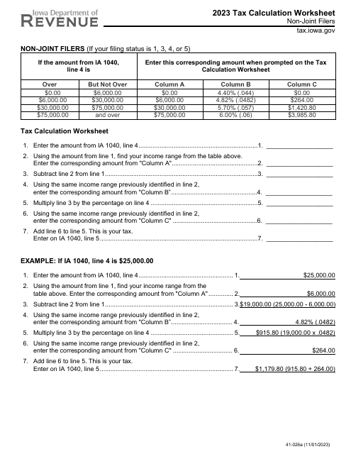 Form 41-026 Tax Calculation Worksheet - Non-joint Filers - Iowa, 2023