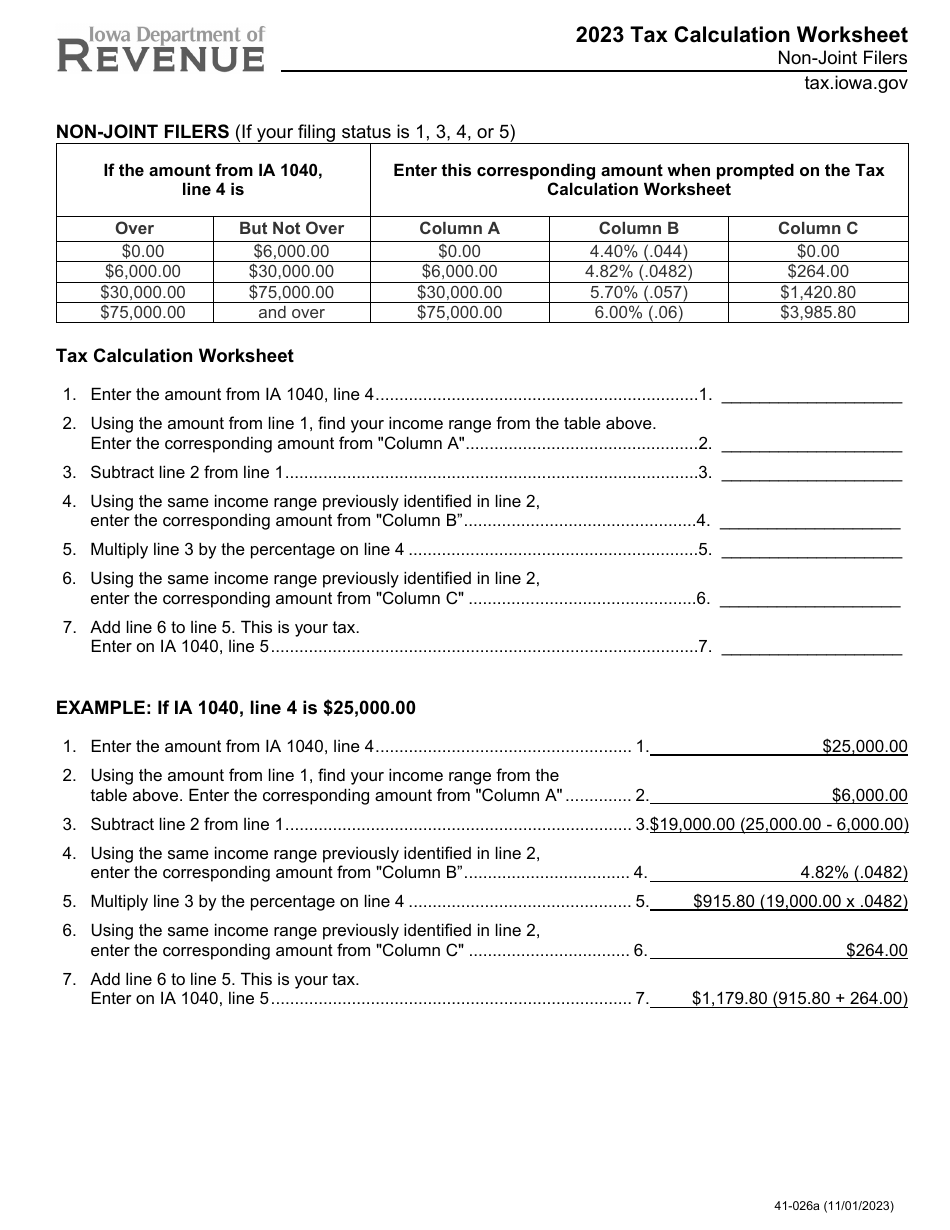 Form 41-026 Tax Calculation Worksheet - Non-joint Filers - Iowa, Page 1