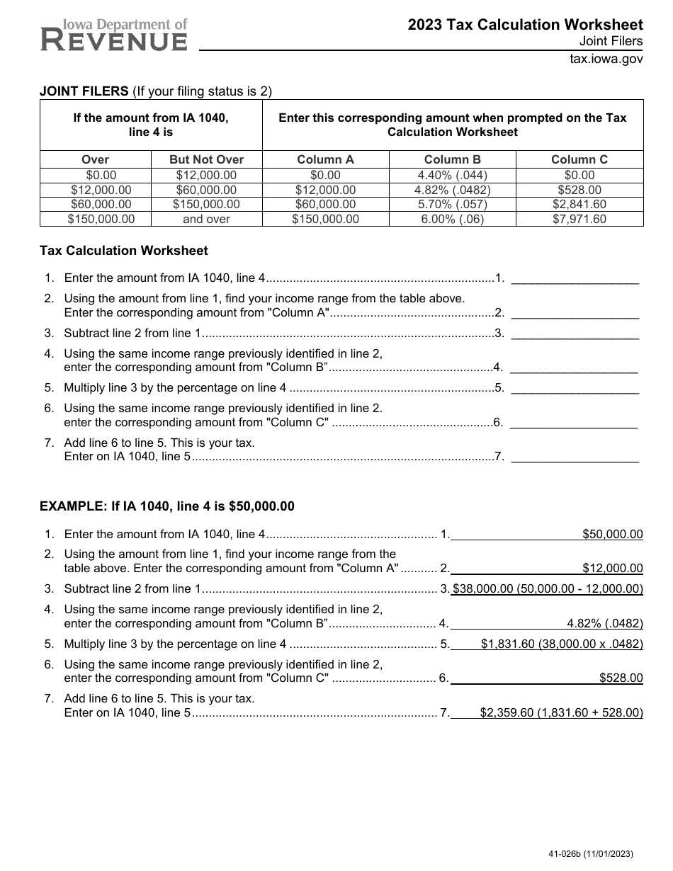 Form 41-026 Tax Calculation Worksheet - Non-joint Filers - Iowa, Page 2