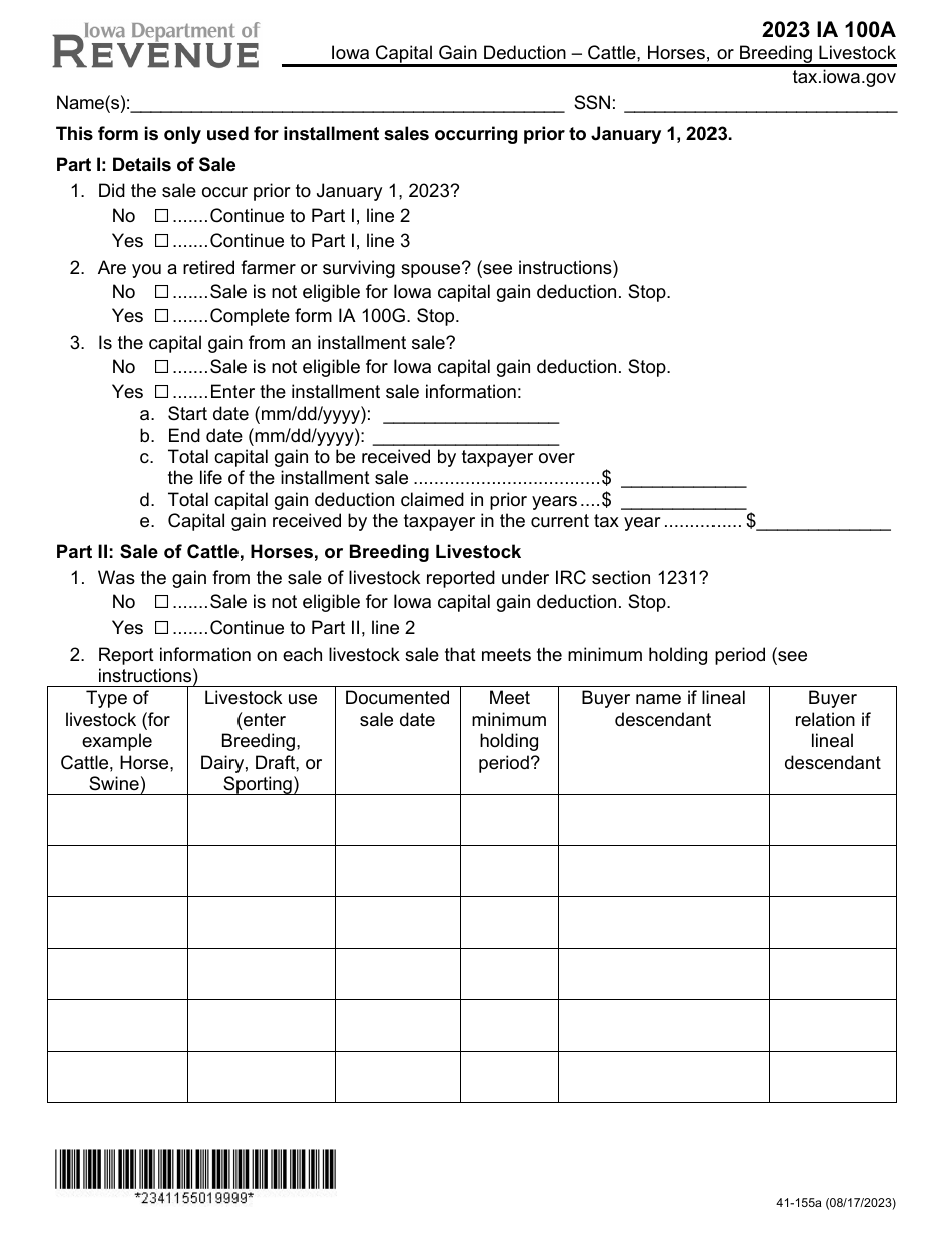 Form IA100A (41155) Download Fillable PDF or Fill Online Iowa Capital
