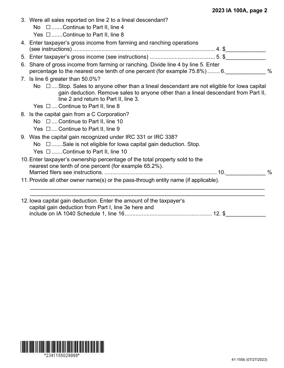 Form Ia100a 41 155 Download Fillable Pdf Or Fill Online Iowa Capital Gain Deduction Cattle 8780