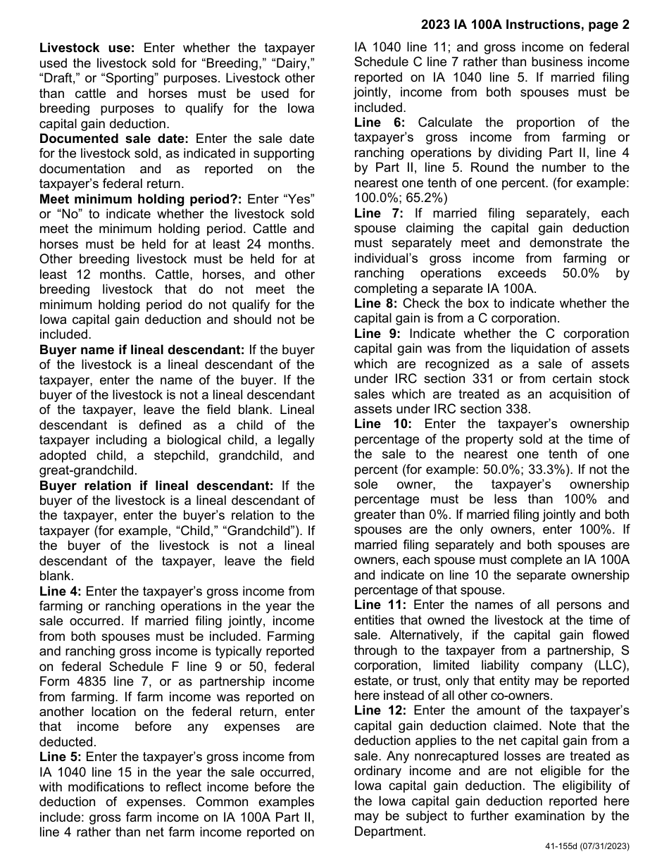 Form IA100A (41-155) Iowa Capital Gain Deduction - Cattle, Horses, or Breeding Livestock - Iowa, Page 4