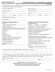 Document preview: Form 31-014 Iowa Sales/Use/Excise Tax Exemption Certificate - Iowa