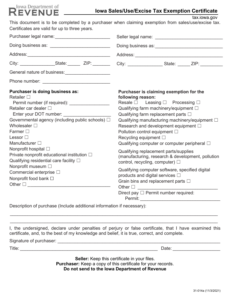 Form 31-014 Iowa Sales / Use / Excise Tax Exemption Certificate - Iowa, Page 1