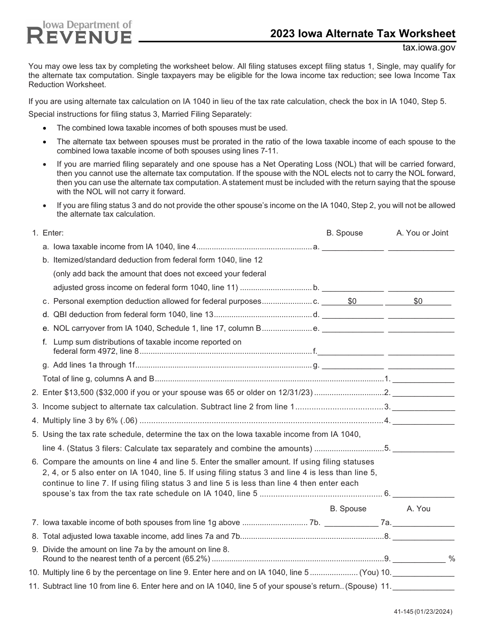 Form 41-145 Iowa Alternate Tax Worksheet - Iowa, Page 1