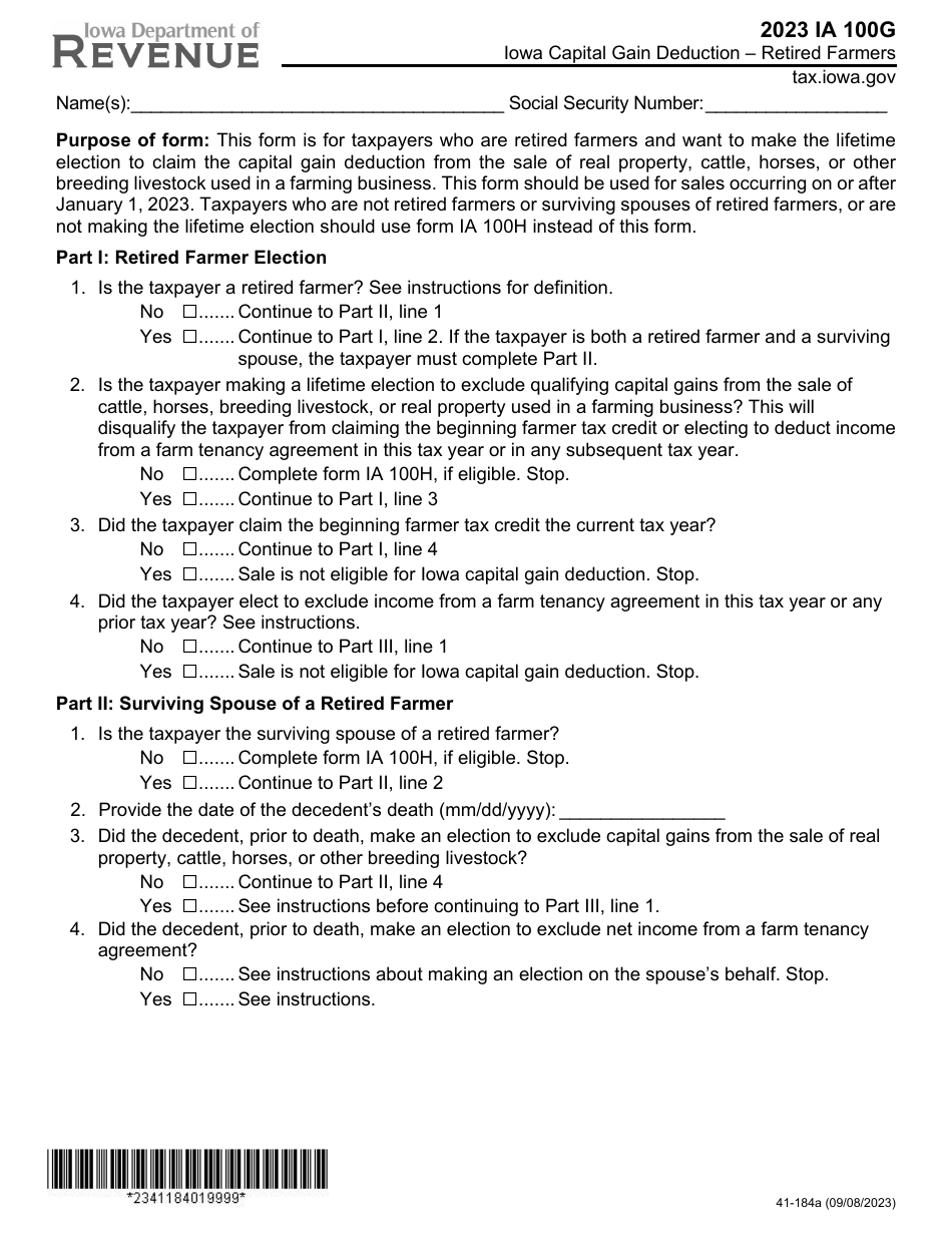 Form IA100G (41-184) Iowa Capital Gain Deduction - Retired Farmers - Iowa, Page 1