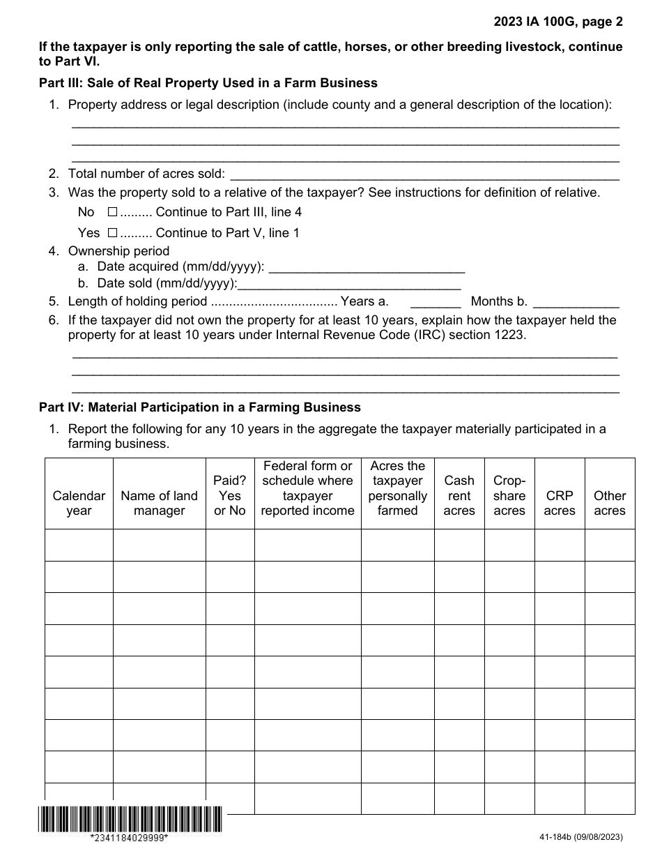 Form IA100G (41-184) Iowa Capital Gain Deduction - Retired Farmers - Iowa, Page 2