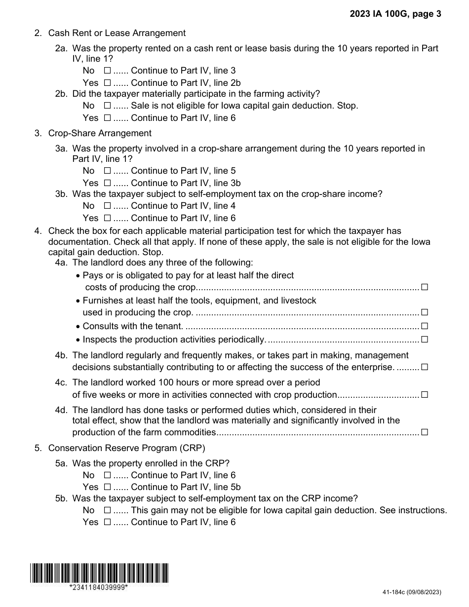 Form IA100G (41-184) Iowa Capital Gain Deduction - Retired Farmers - Iowa, Page 3