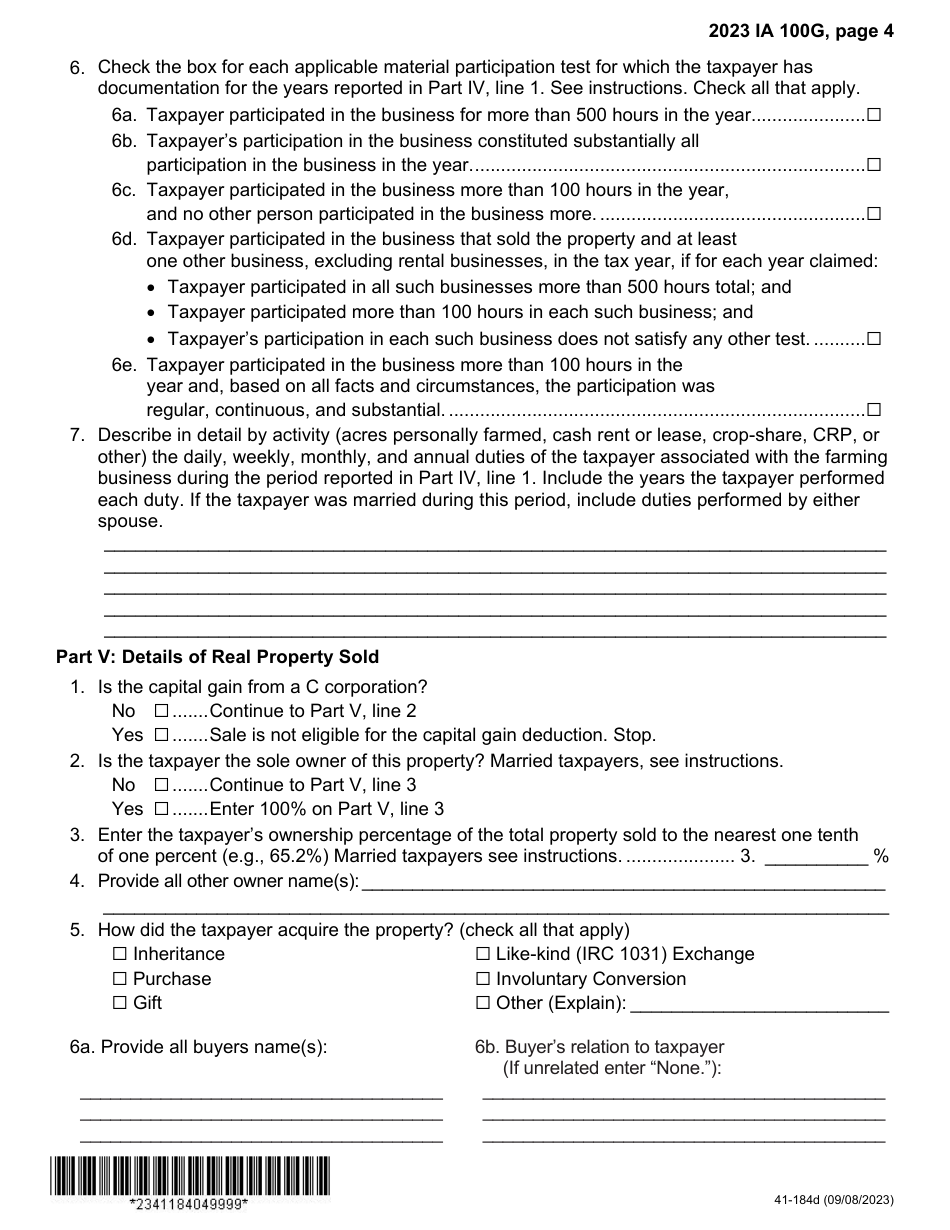 Form IA100G (41-184) Iowa Capital Gain Deduction - Retired Farmers - Iowa, Page 4