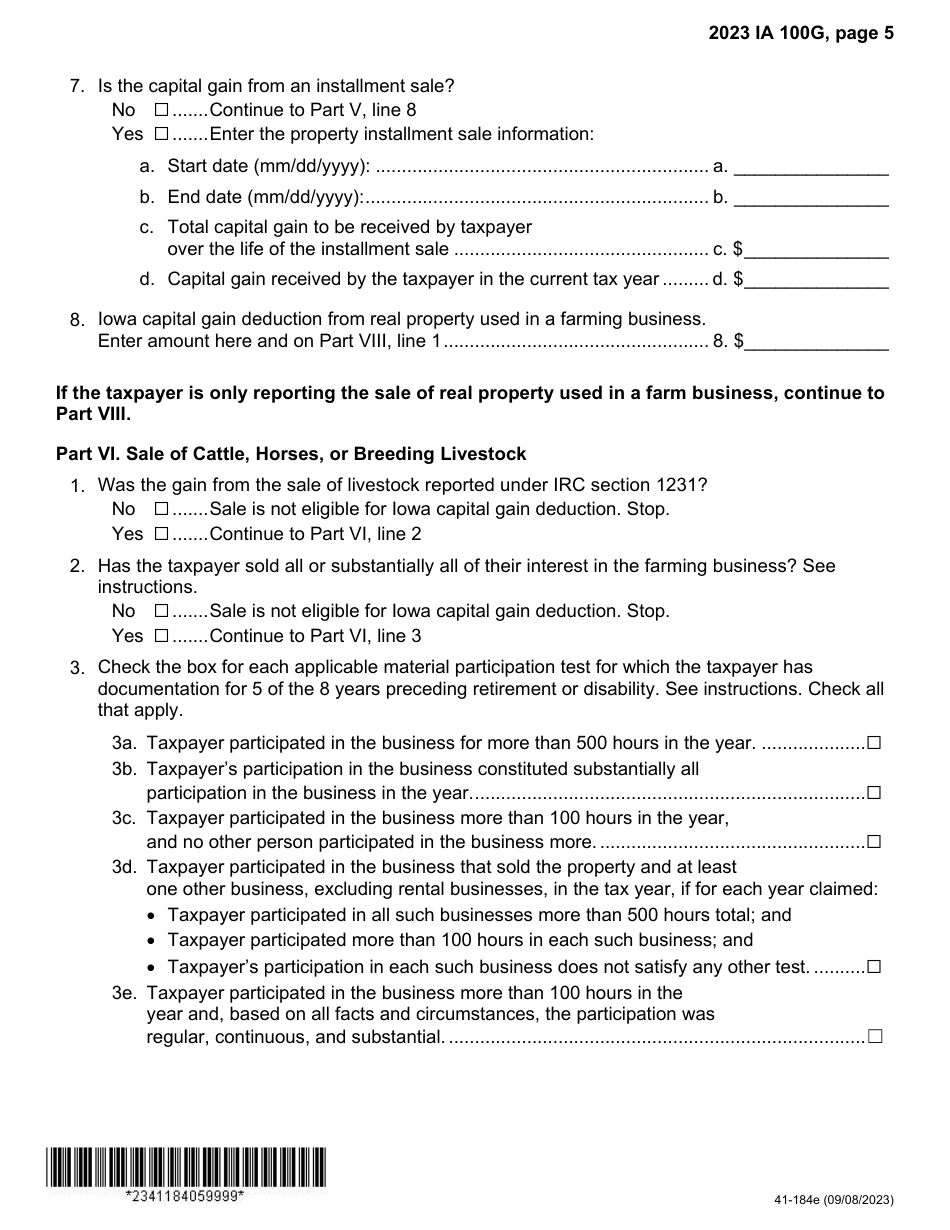 Form IA100G (41-184) Iowa Capital Gain Deduction - Retired Farmers - Iowa, Page 5