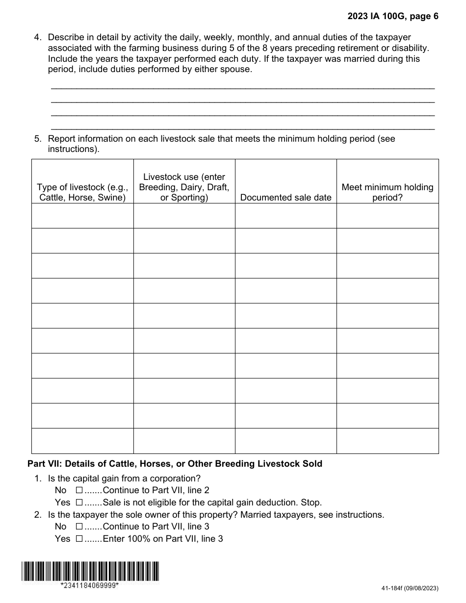 Form IA100G (41-184) Iowa Capital Gain Deduction - Retired Farmers - Iowa, Page 6