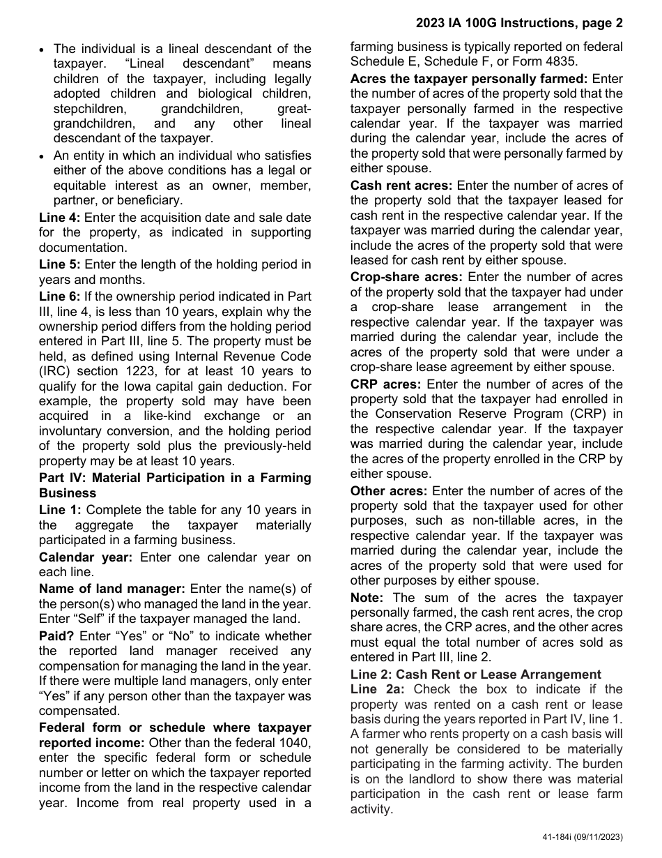 Form IA100G (41-184) Iowa Capital Gain Deduction - Retired Farmers - Iowa, Page 9