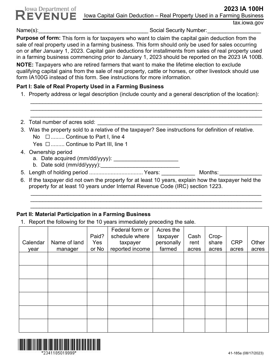 Form IA100H (41-185) Iowa Capital Gain Deduction - Real Property Used in a Farming Business - Iowa, Page 1