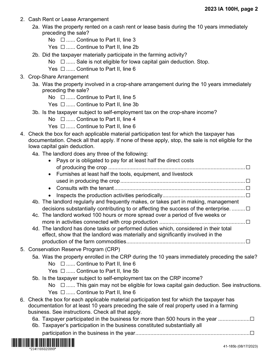 Form IA100H (41-185) Iowa Capital Gain Deduction - Real Property Used in a Farming Business - Iowa, Page 2