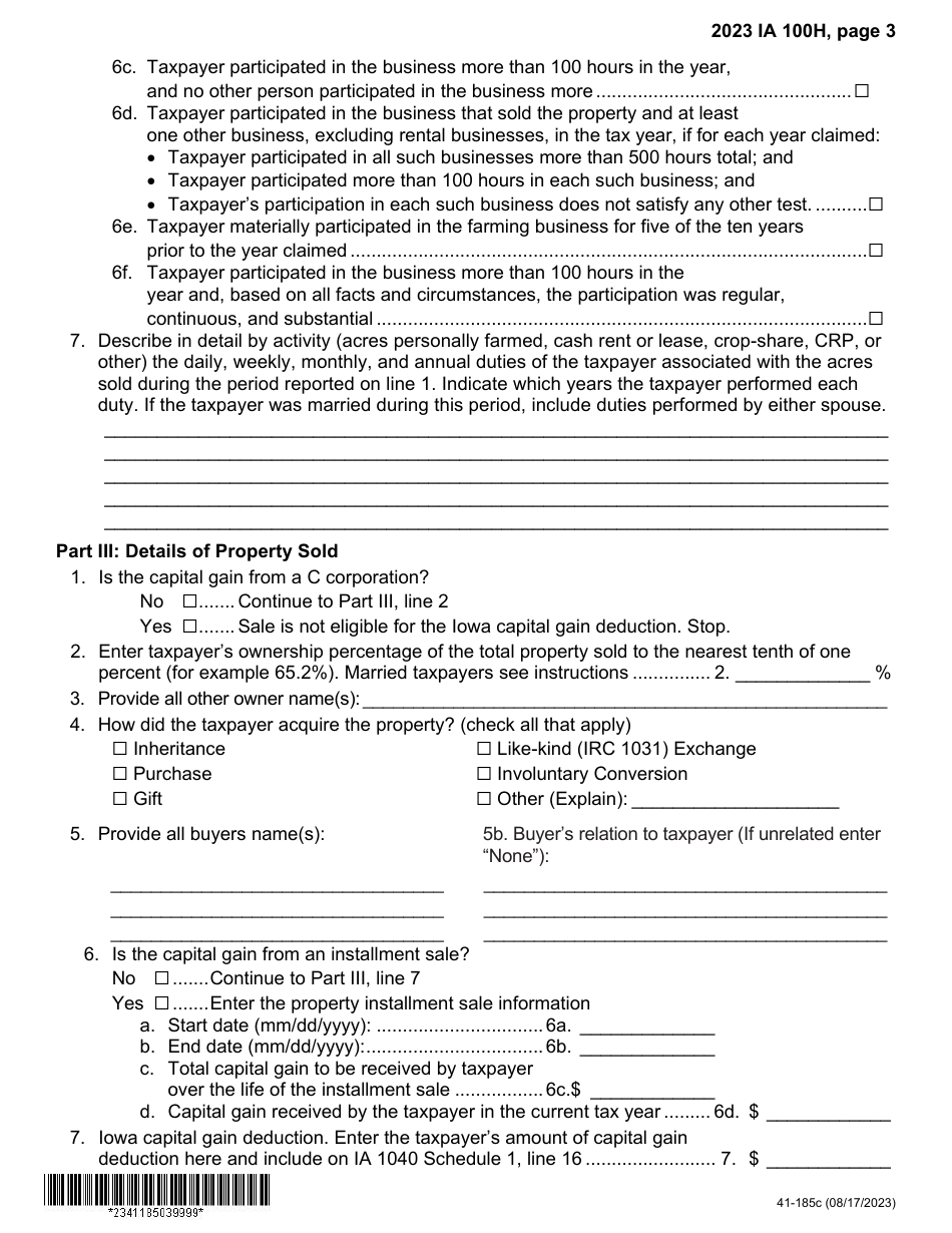 Form IA100H (41-185) Iowa Capital Gain Deduction - Real Property Used in a Farming Business - Iowa, Page 3