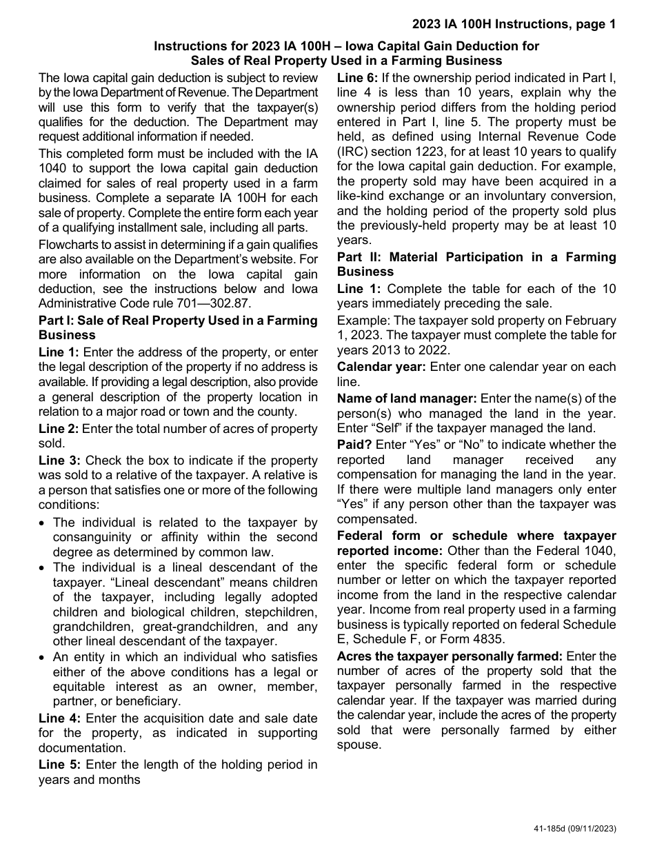 Form IA100H (41-185) Iowa Capital Gain Deduction - Real Property Used in a Farming Business - Iowa, Page 4