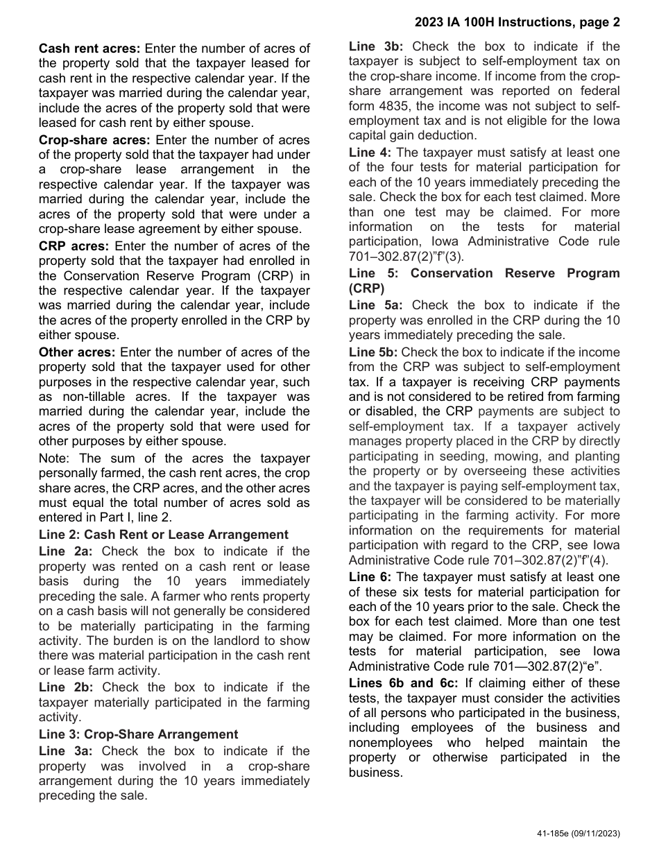 Form IA100H (41-185) Iowa Capital Gain Deduction - Real Property Used in a Farming Business - Iowa, Page 5