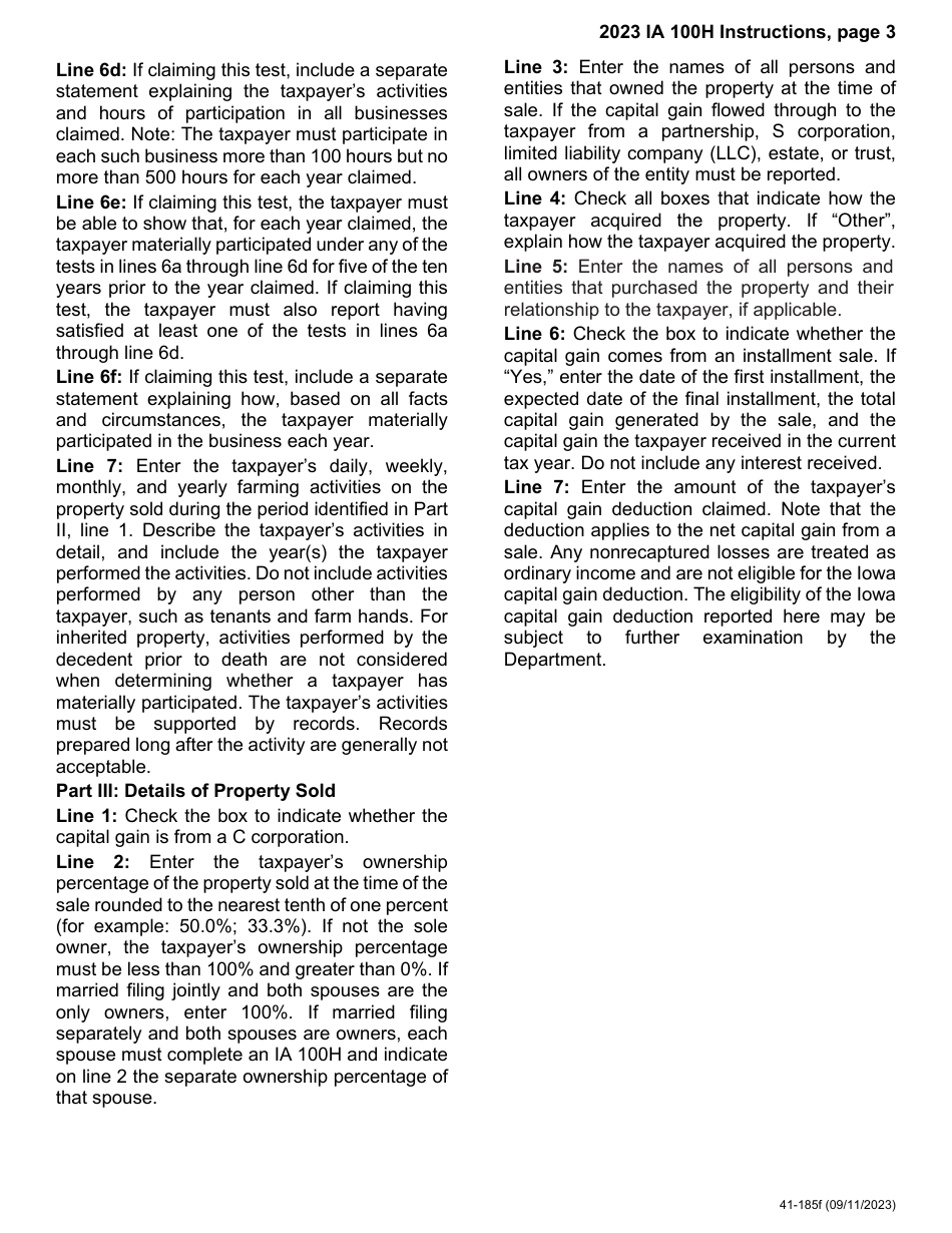 Form IA100H (41-185) Iowa Capital Gain Deduction - Real Property Used in a Farming Business - Iowa, Page 6