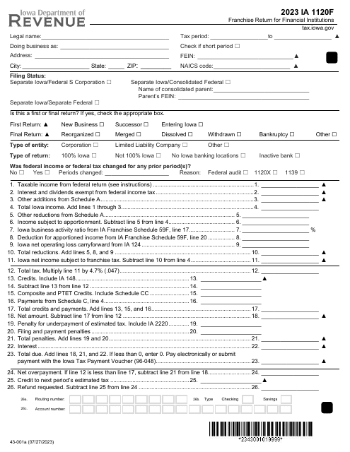 Form IA1120F (43-001) Franchise Return for Financial Institutions - Iowa, 2023