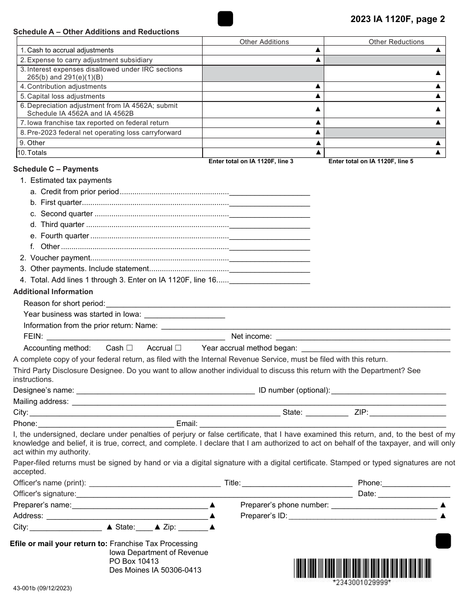 Form IA1120F (43-001) Franchise Return for Financial Institutions - Iowa, Page 2