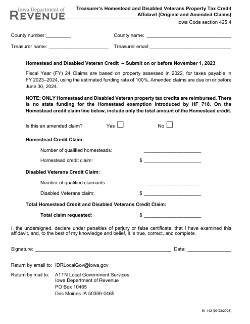 Form 54-142 Treasurer's Homestead and Disabled Veterans Property Tax Credit Affidavit (Original and Amended Claims) - Iowa, 2024