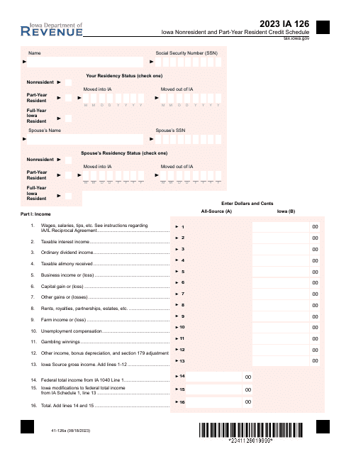 Form IA126 (41-126) Iowa Nonresident and Part-Year Resident Credit Schedule - Iowa, 2023
