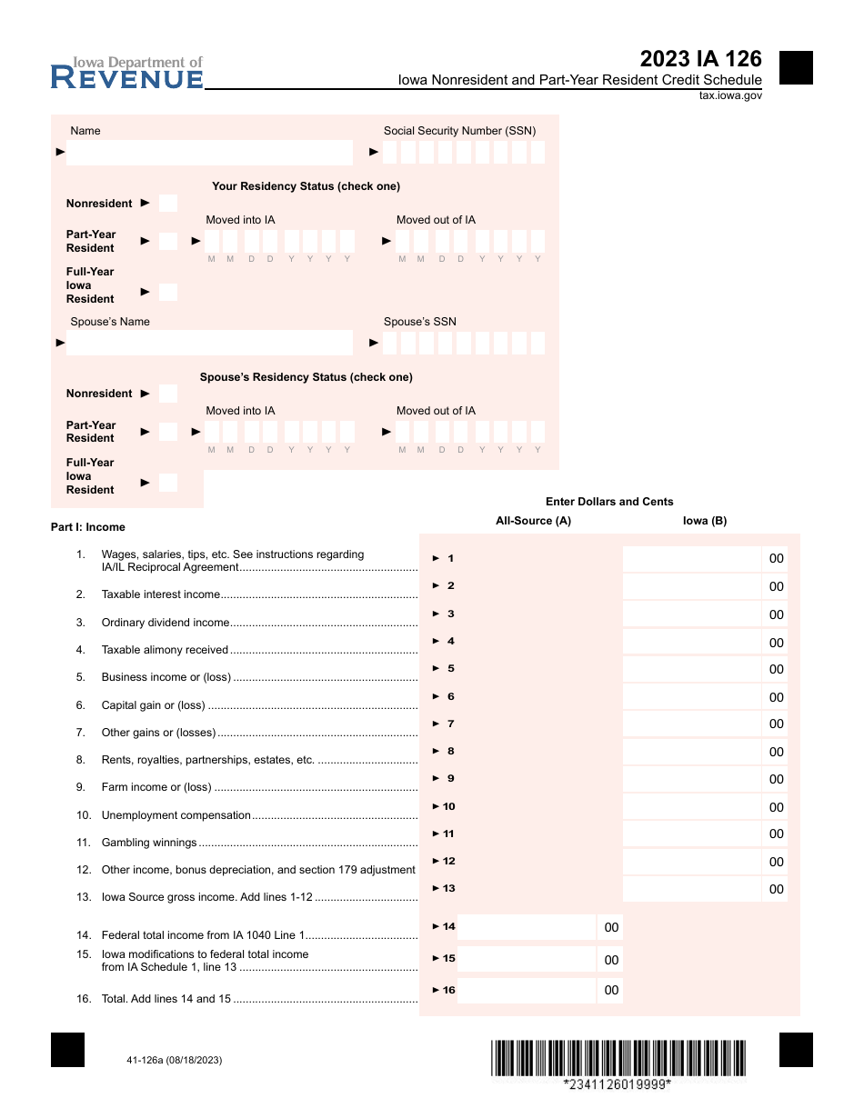 Form IA126 (41-126) Iowa Nonresident and Part-Year Resident Credit Schedule - Iowa, Page 1
