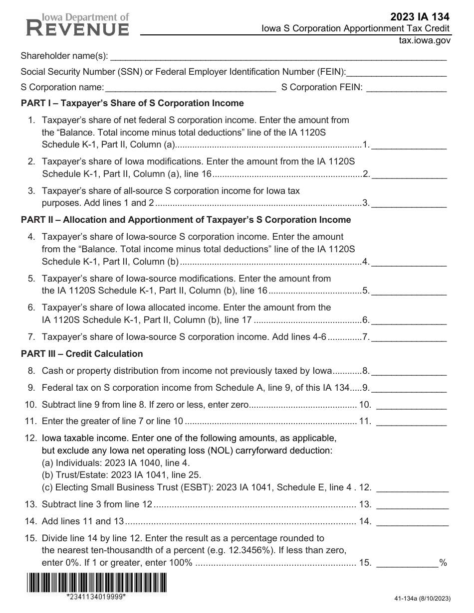 Form IA134 (41-134) Iowa S Corporation Apportionment Tax Credit - Iowa, Page 1
