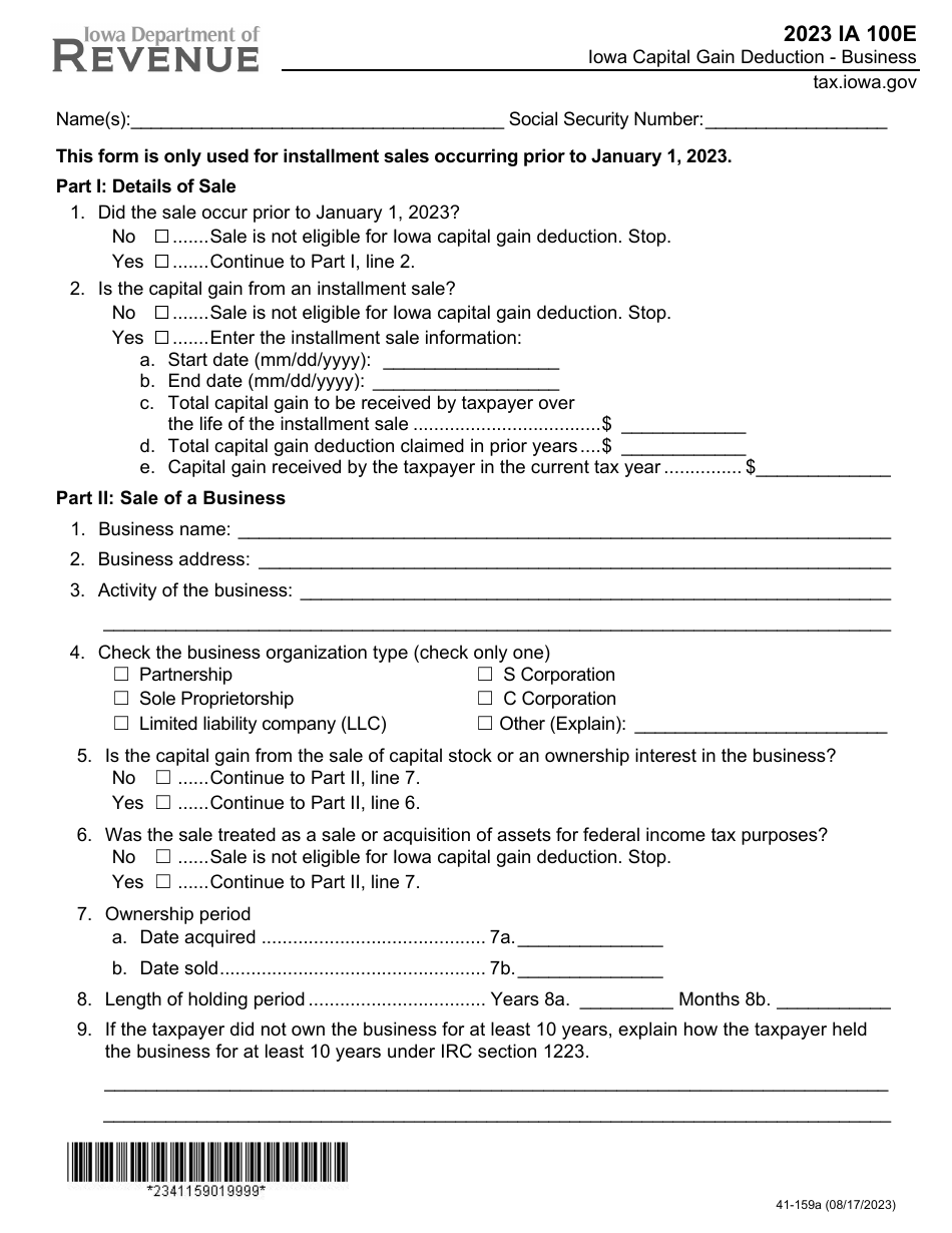 Form IA100E (41-159) Iowa Capital Gain Deduction - Business - Iowa, Page 1