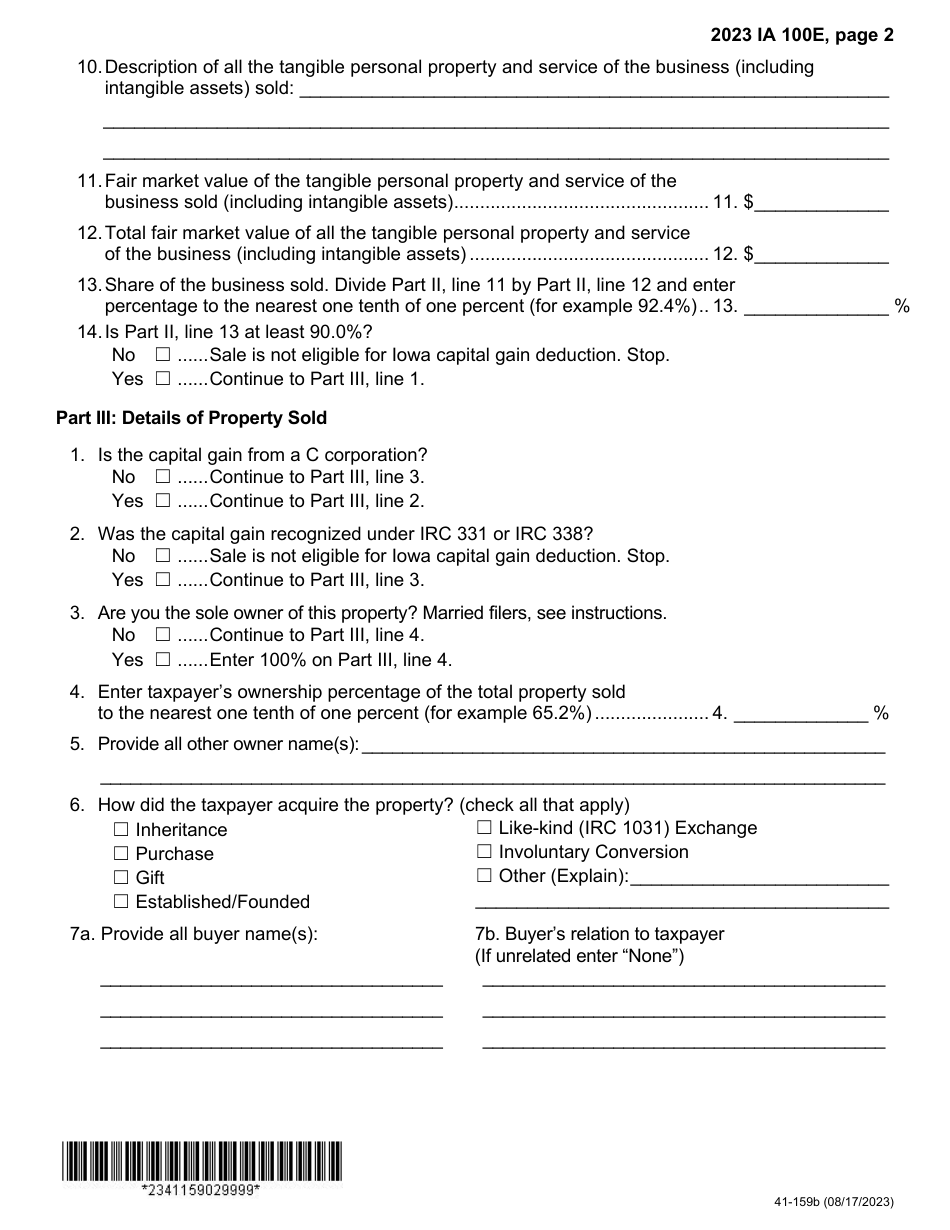Form IA100E (41-159) Iowa Capital Gain Deduction - Business - Iowa, Page 2