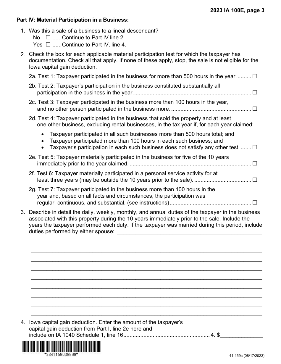 Form IA100E (41-159) Iowa Capital Gain Deduction - Business - Iowa, Page 3