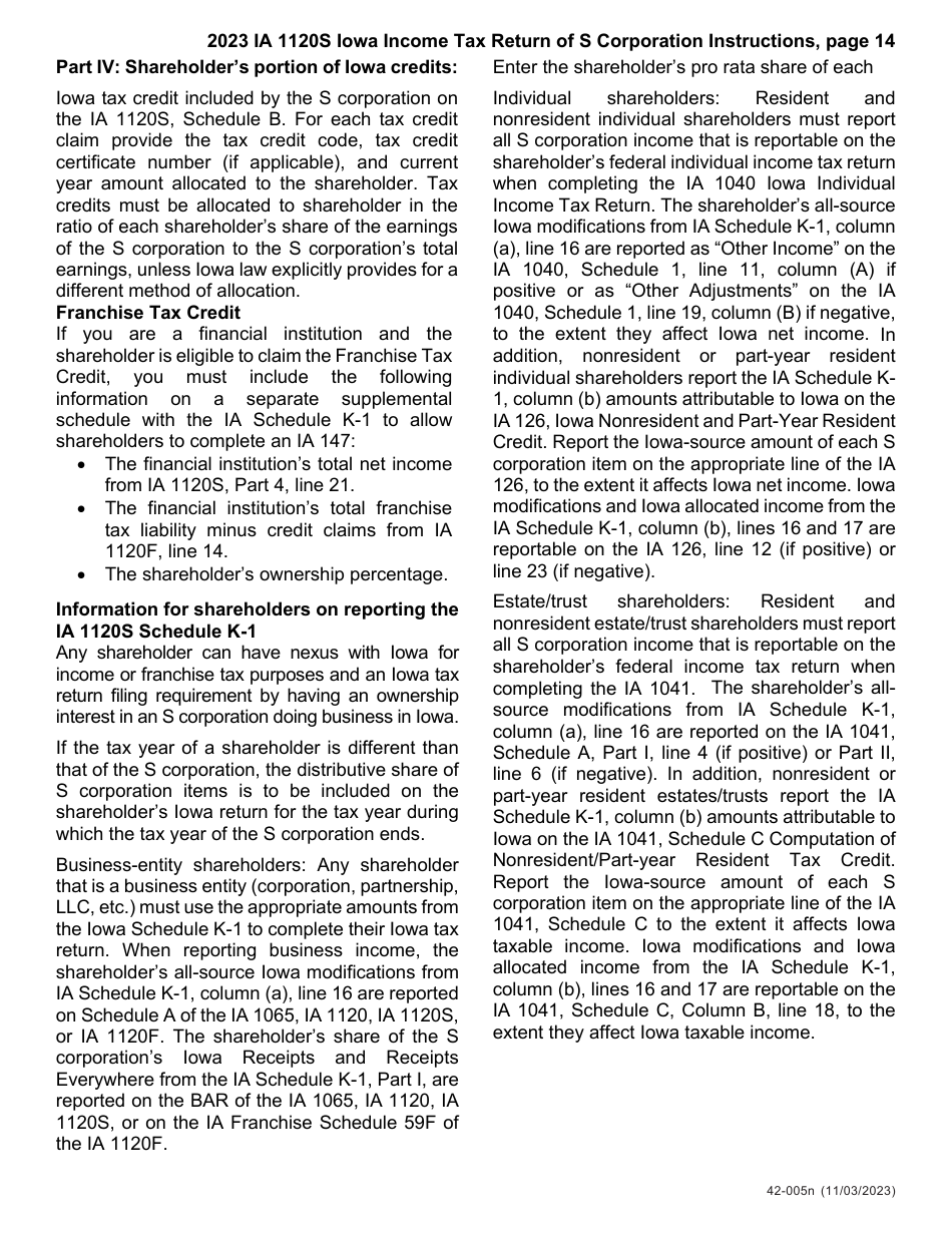 Instructions for Form IA1120S, 42-004 Iowa Income Tax Return for S Corporation - Iowa, Page 14