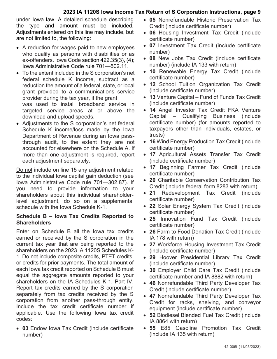 Instructions for Form IA1120S, 42-004 Iowa Income Tax Return for S Corporation - Iowa, Page 9