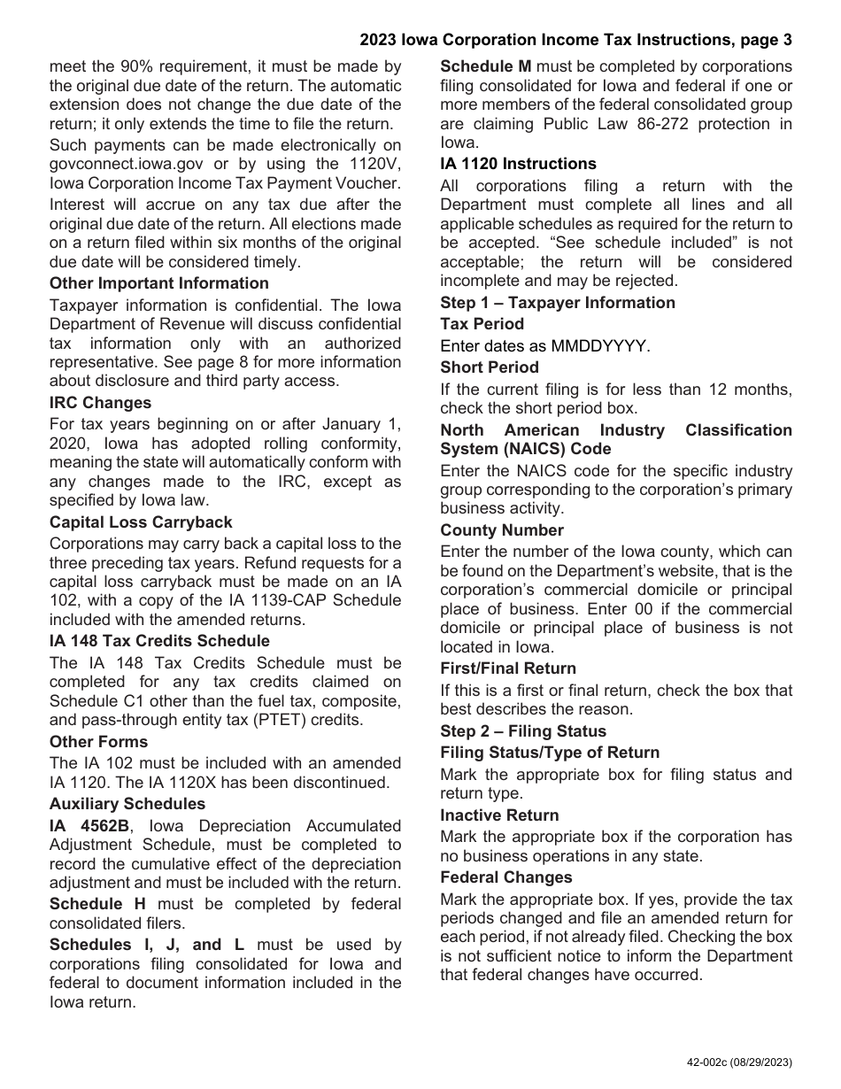 Instructions for Form IA1120, 42-001 Iowa Corporation Income Tax Return - Iowa, Page 3