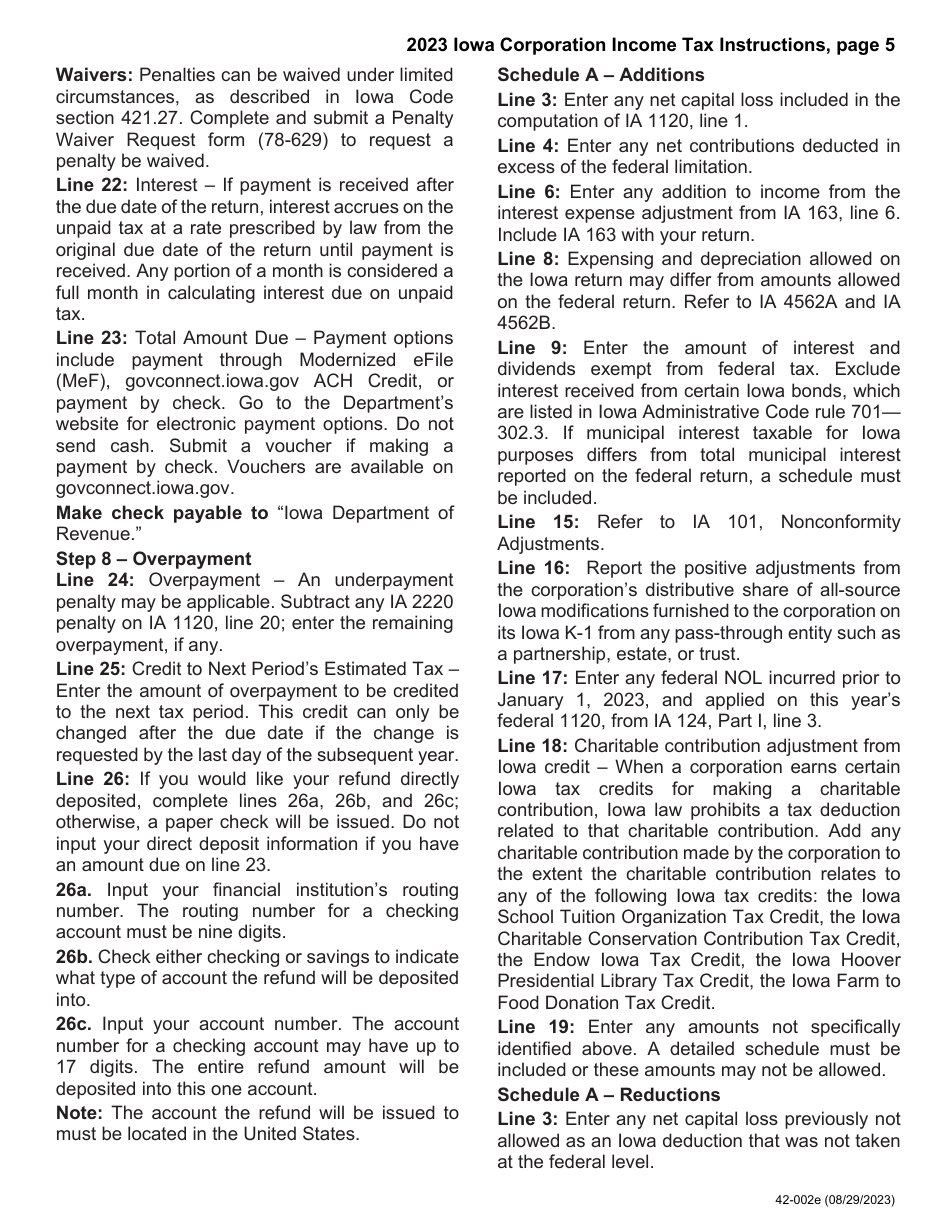 Instructions for Form IA1120, 42-001 Iowa Corporation Income Tax Return - Iowa, Page 5