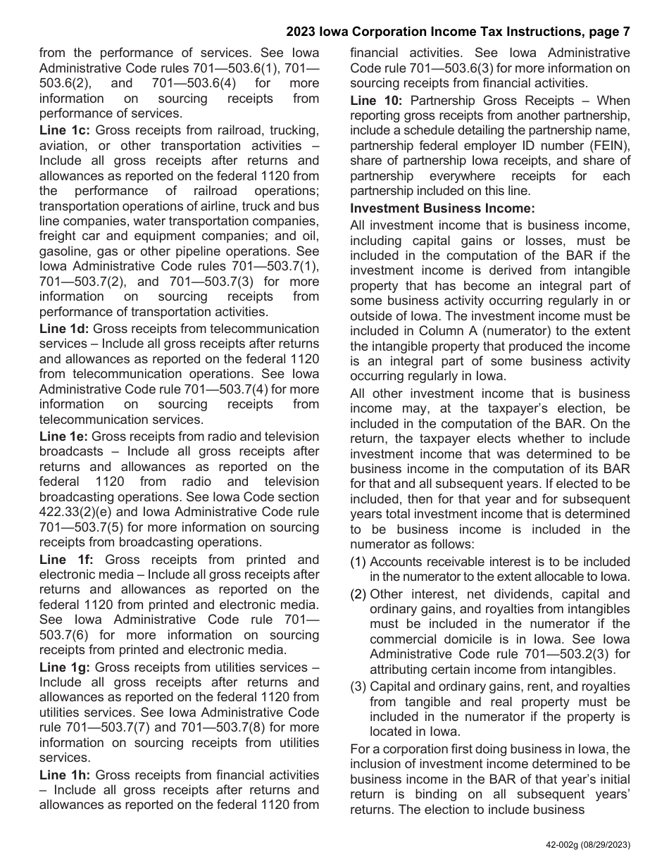 Instructions for Form IA1120, 42-001 Iowa Corporation Income Tax Return - Iowa, Page 7