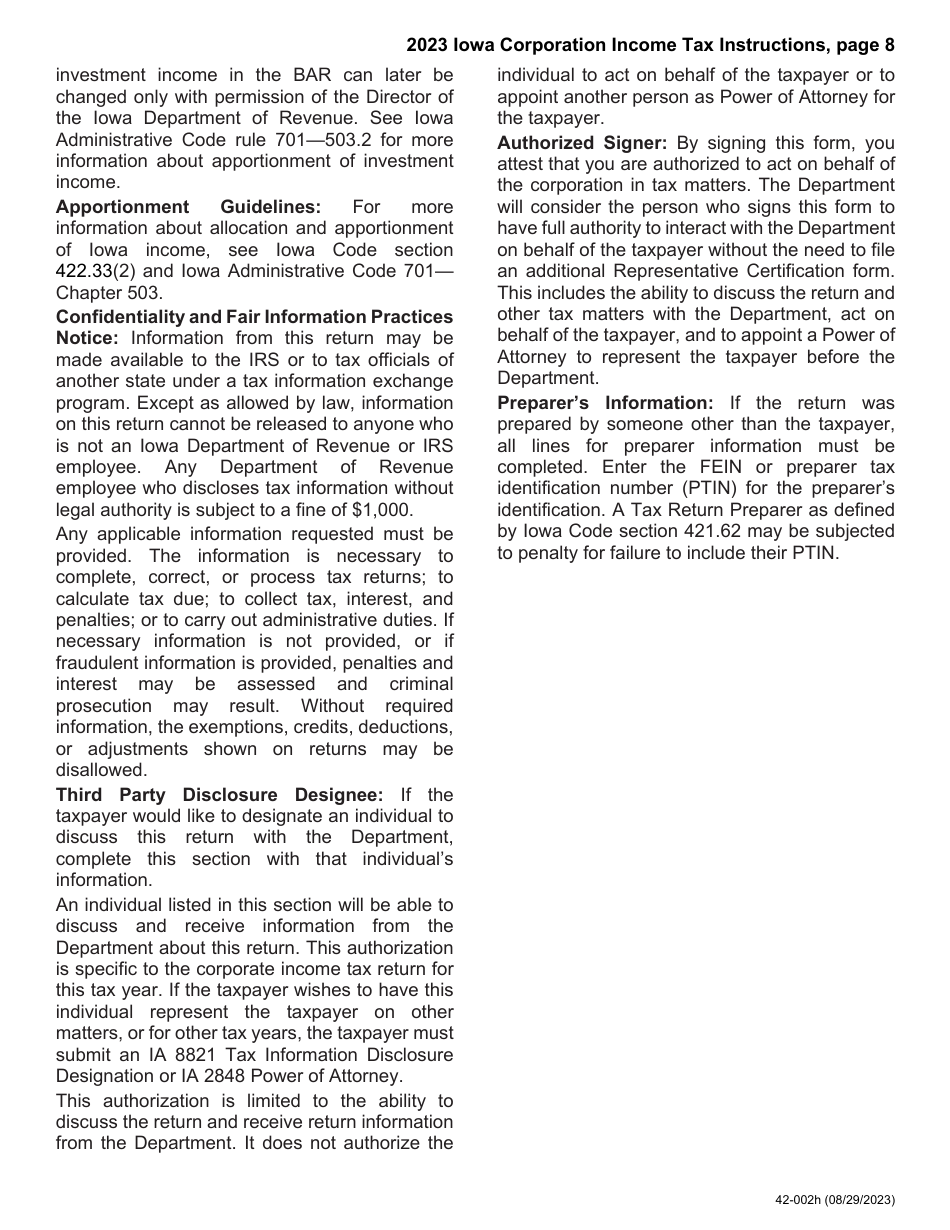 Instructions for Form IA1120, 42-001 Iowa Corporation Income Tax Return - Iowa, Page 8