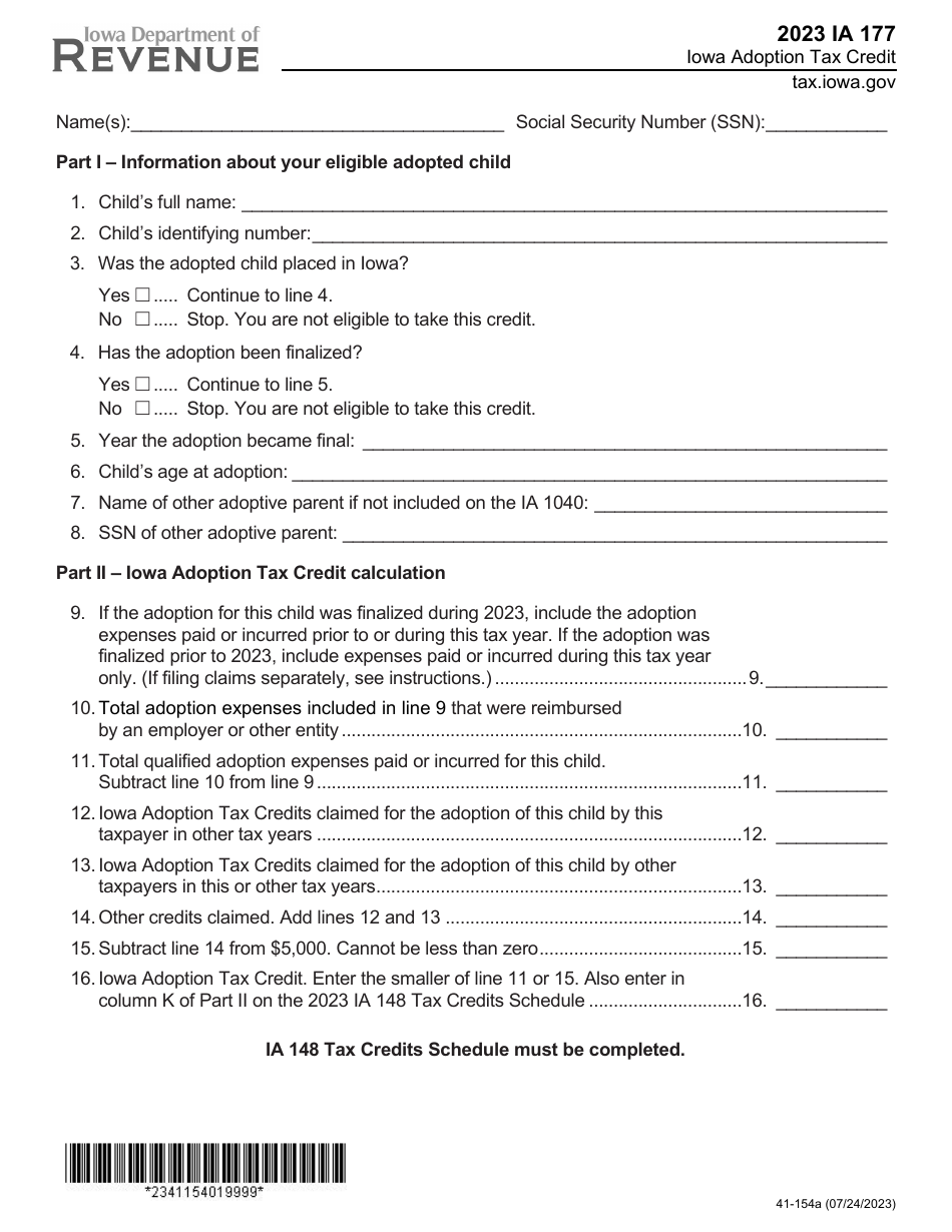 Form IA177 (41-154) Iowa Adoption Tax Credit - Iowa, Page 1