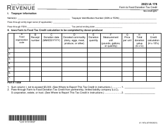 Document preview: Form IA178 (41-167) Farm to Food Donation Tax Credit - Iowa, 2023