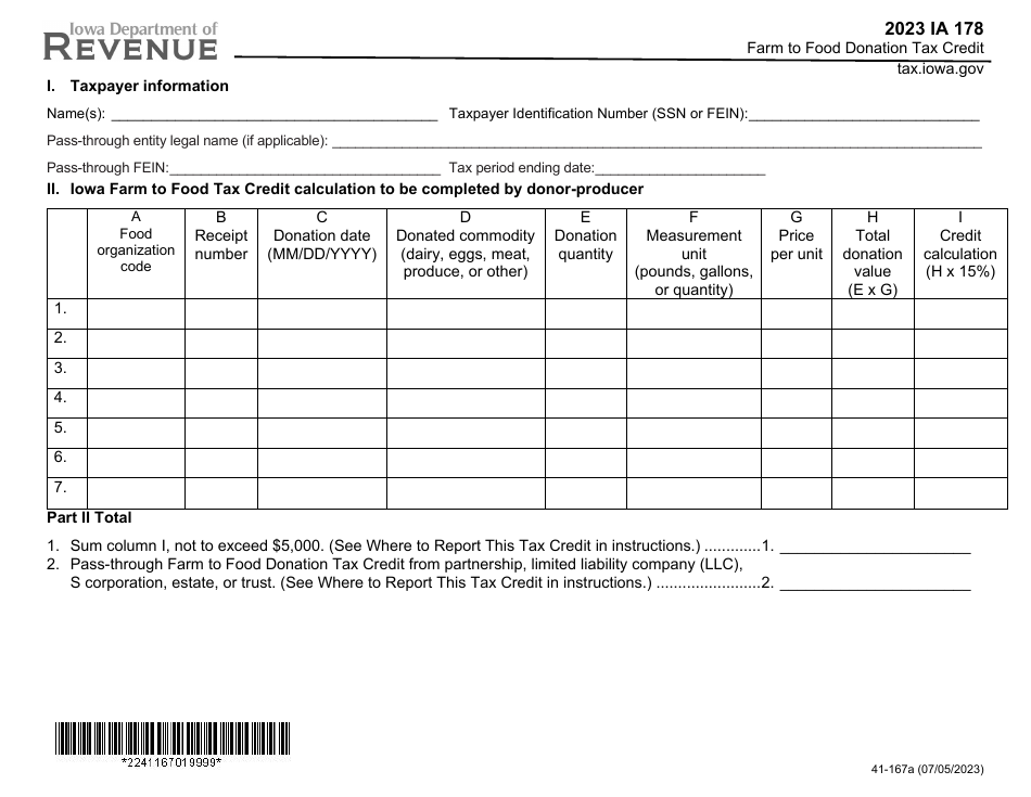 Form IA178 (41-167) Farm to Food Donation Tax Credit - Iowa, Page 1