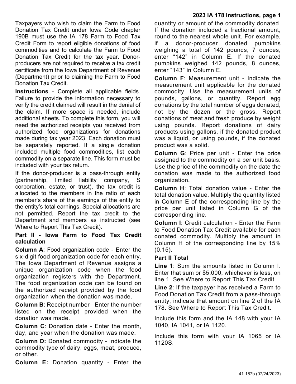 Form IA178 (41-167) Farm to Food Donation Tax Credit - Iowa, Page 2
